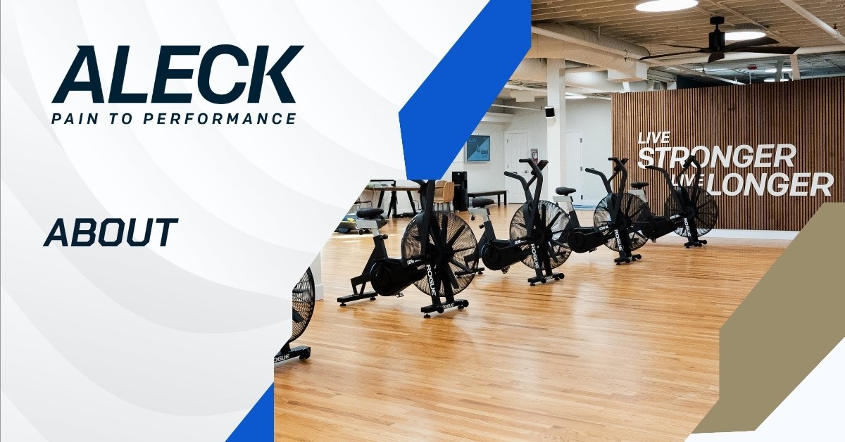 A promotional graphic for Aleck Pain to Performance, a chiropractic and sports physical therapy clinic and gym. The left side features a white background with the