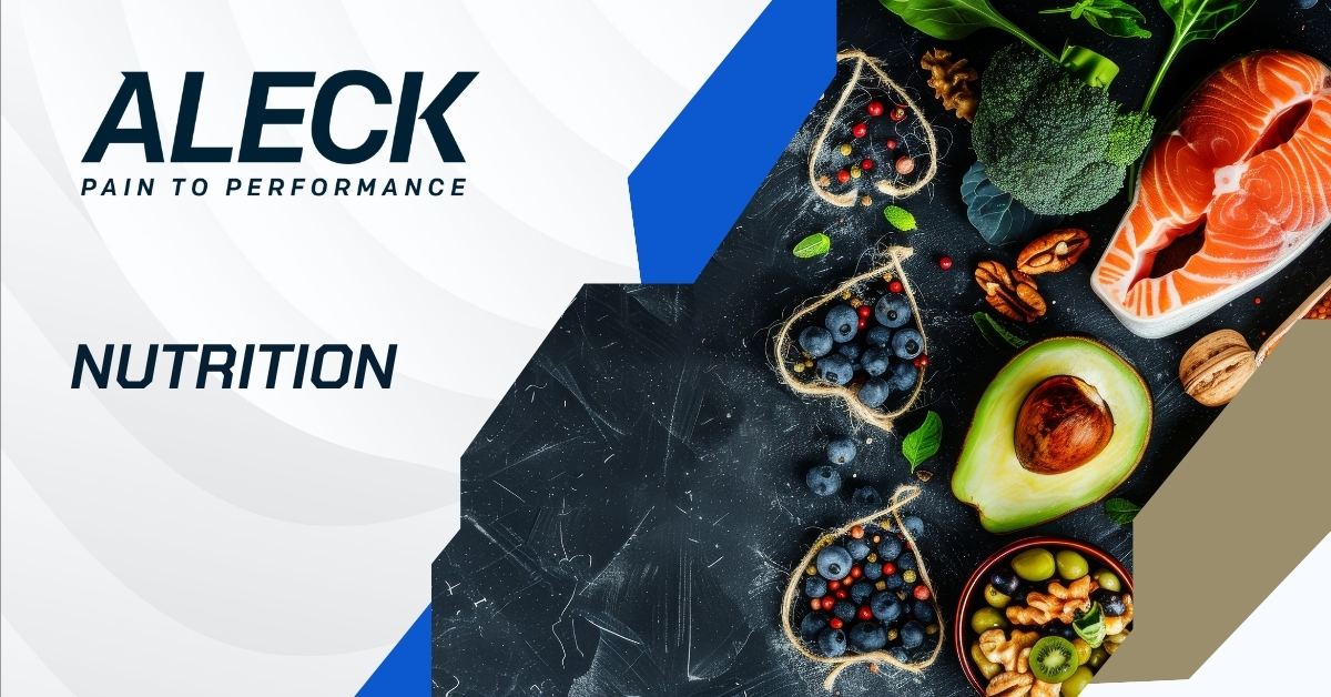 A professional promotional banner for the brand 'Aleck,' featuring the tagline 'Pain to Performance' on a clean white background with blue and gold geometric accents. The left side highlights the word 'NUTRITION' in bold, italicized font, while the right side showcases a dark textured background with an artistic arrangement of healthy foods, including salmon, avocado, broccoli, berries, nuts, and greens, symbolizing heart-healthy nutrition.