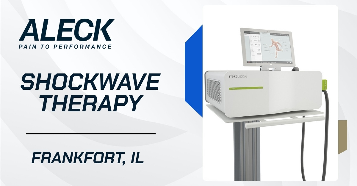 Promotional graphic for Aleck Pain to Performance featuring Shockwave Therapy in Frankfort, Illinois, with a STORZ Medical shockwave therapy machine and monitor displayed beside branded service text.