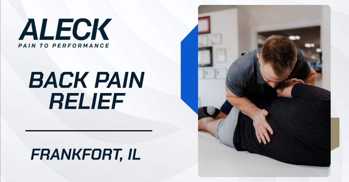 Promotional banner for Aleck Pain to Performance featuring back pain relief in Frankfort, IL, with a clinician providing manual therapy to a patient in a clinic setting.