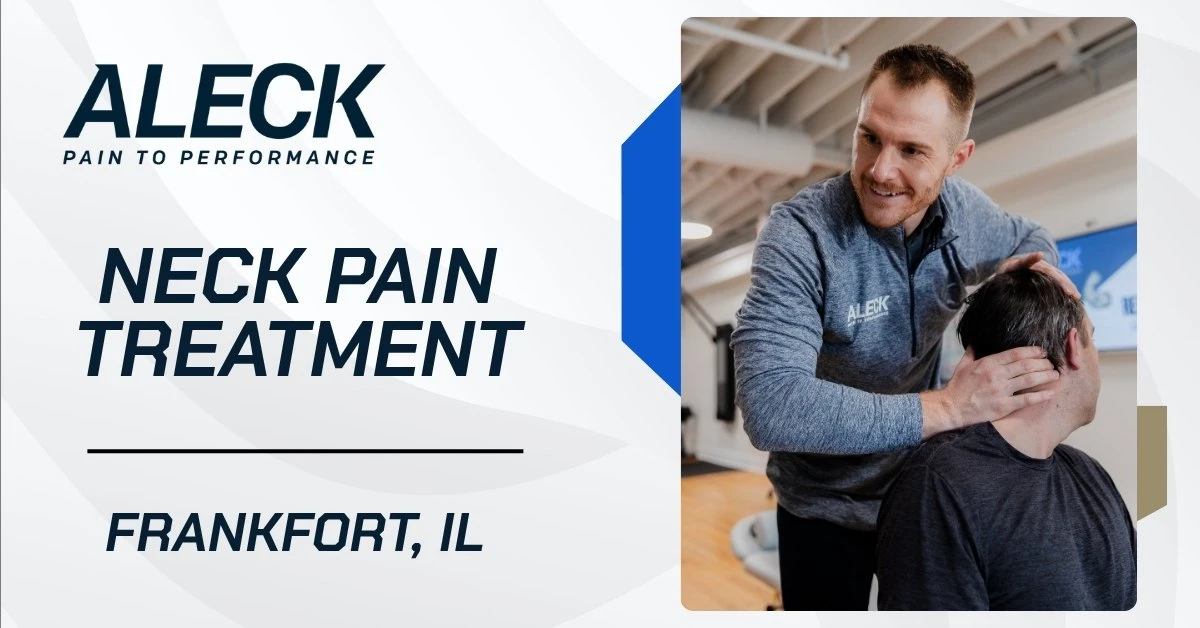 Clinician, Dr. Peter Roy, at Aleck Pain to Performance performs hands-on neck pain treatment on a seated patient in a modern clinic in Frankfort, Illinois.
